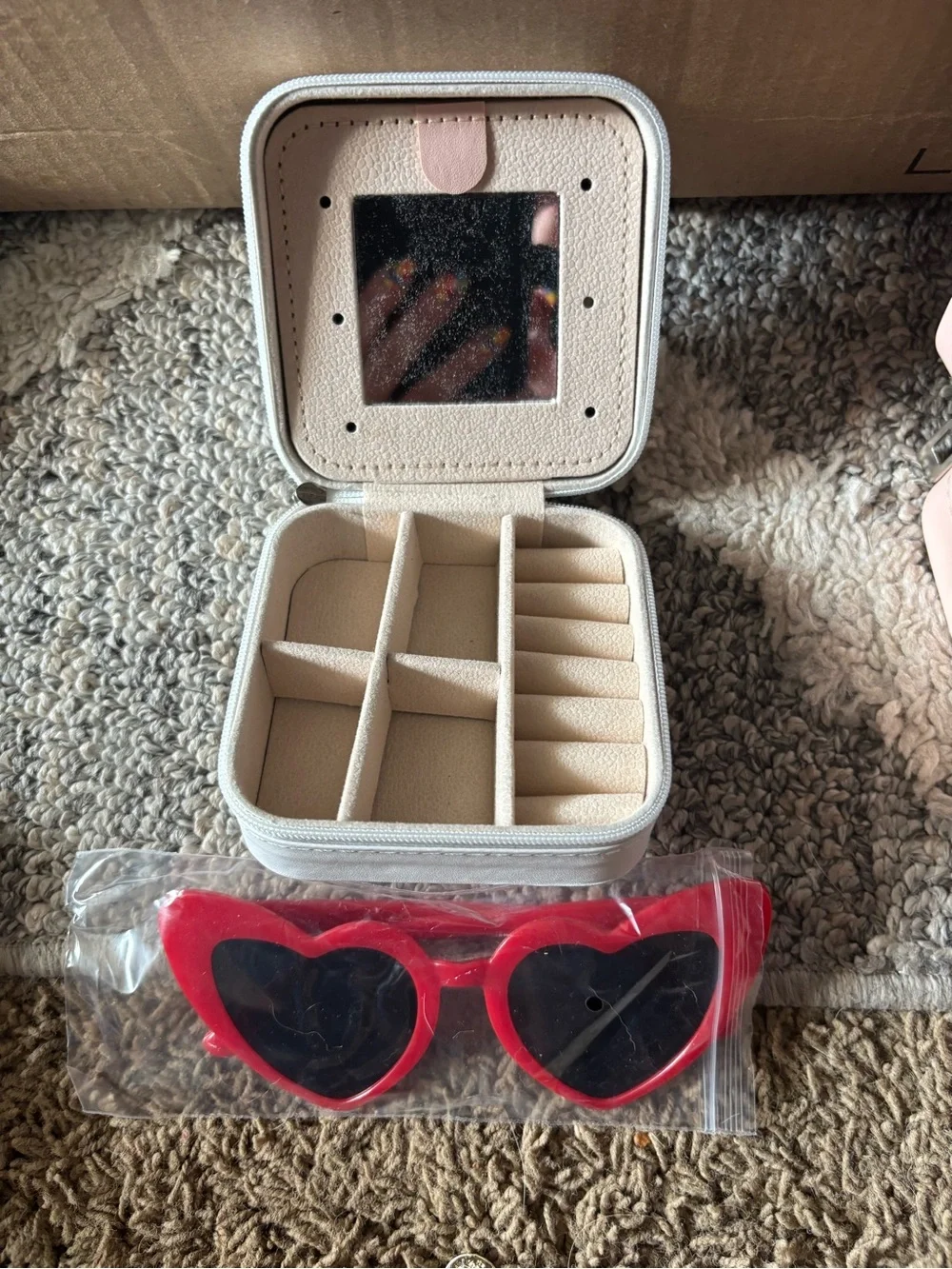 Compact Beige Travel Jewelry Case with Mirror and Multiple Compartments